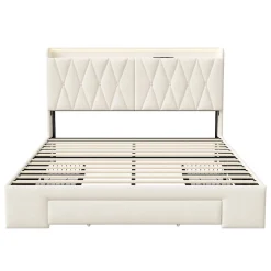 Simple Life Lit coffre 140x190 cm, sommier, tiroirs, tête de lit rembourrée, LED, USB/Type-C, velours beige (2 personnes).