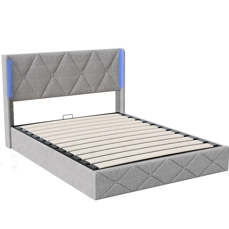 Fortuna lai Lit Coffre 160x200 cm, Tête de lit avec LED, lit Double avec sommier à Lattes,Velours,Beige