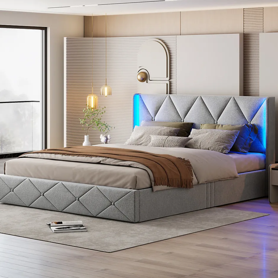 Fortuna lai Lit Coffre 160x200 cm, Tête de lit avec LED, lit Double avec sommier à Lattes,Velours,Beige