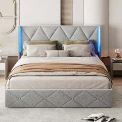 Fortuna lai Lit Coffre 160x200 cm, Tête de lit avec LED, lit Double avec sommier à Lattes,Velours,Beige