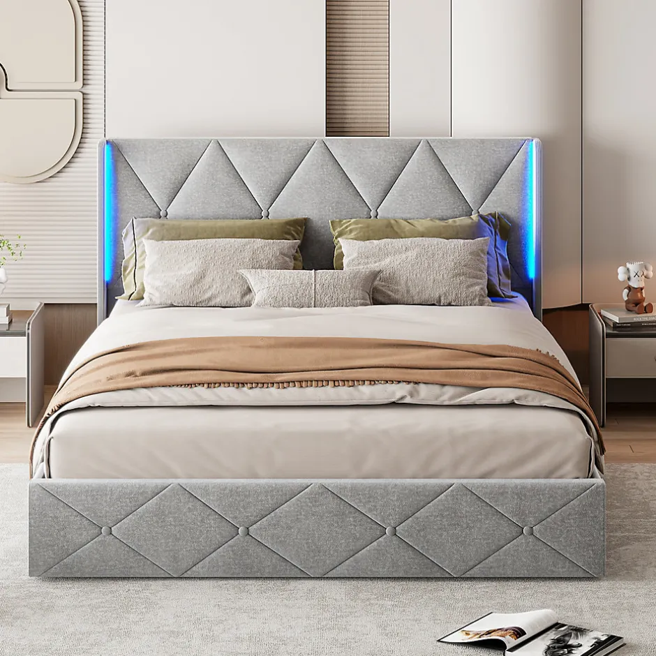 Fortuna lai Lit Coffre 160x200 cm, Tête de lit avec LED, lit Double avec sommier à Lattes,Velours,Beige