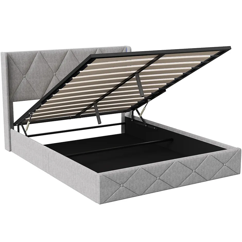Fortuna lai Lit Coffre 160x200 cm, Tête de lit avec LED, lit Double avec sommier à Lattes,Velours,Beige