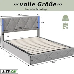 Fortuna lai Lit Coffre 160x200 cm, Tête de lit avec LED, lit Double avec sommier à Lattes,Velours,Beige