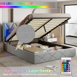 Fortuna lai Lit Coffre 160x200 cm, Tête de lit avec LED, lit Double avec sommier à Lattes,Velours,Beige