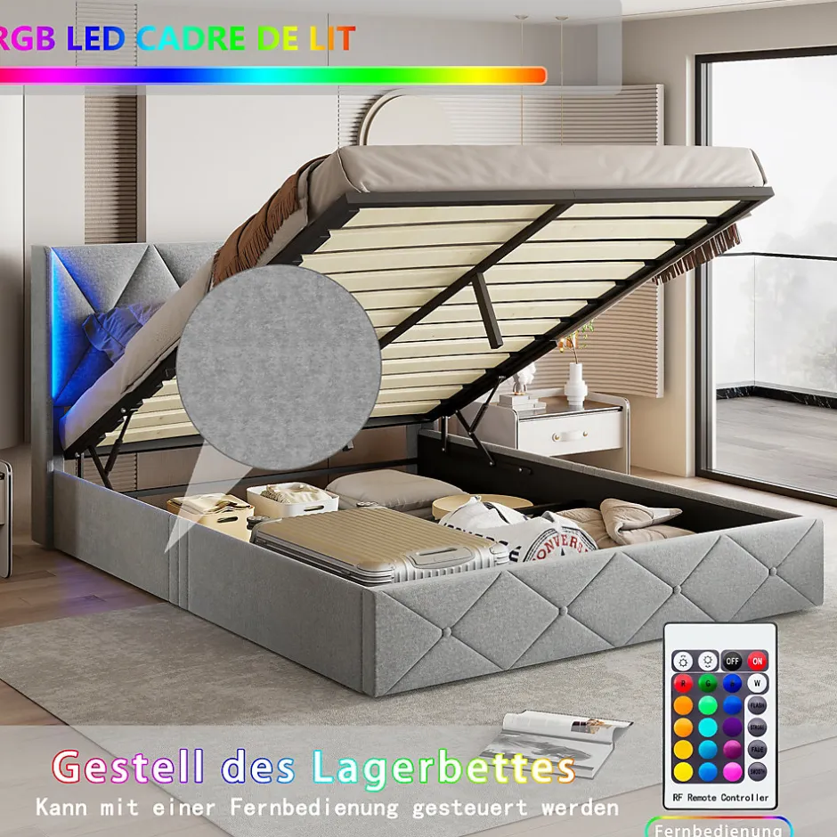 Fortuna lai Lit Coffre 160x200 cm, Tête de lit avec LED, lit Double avec sommier à Lattes,Velours,Beige