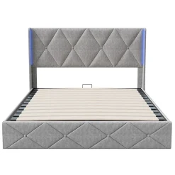 Fortuna lai Lit Coffre 160x200 cm, Tête de lit avec LED, lit Double avec sommier à Lattes,Velours,Beige