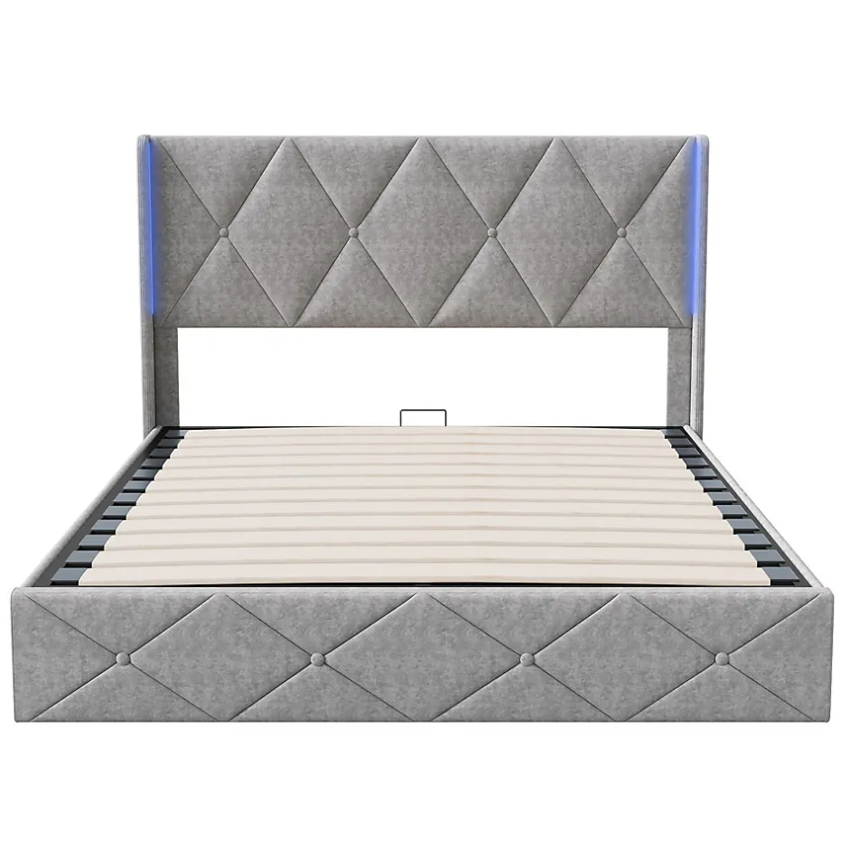 Fortuna lai Lit Coffre 160x200 cm, Tête de lit avec LED, lit Double avec sommier à Lattes,Velours,Beige