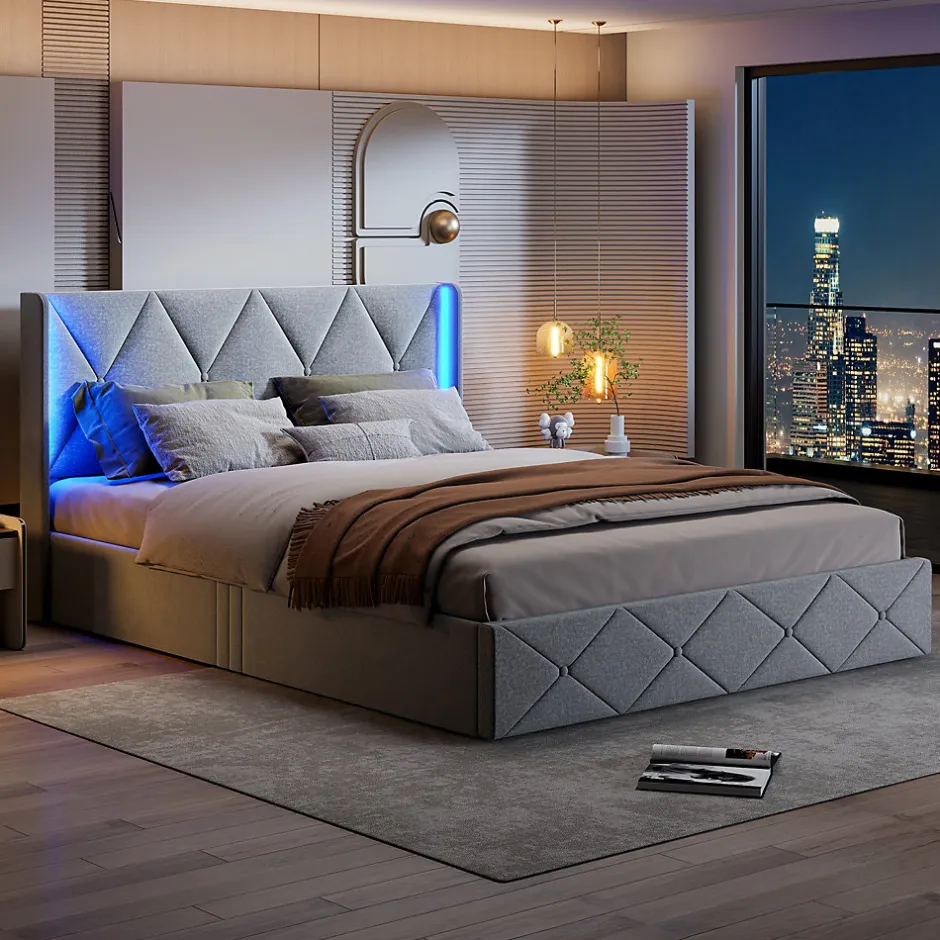 Fortuna lai Lit Coffre 160x200 cm, Tête de lit avec LED, lit Double avec sommier à Lattes,Velours,Beige