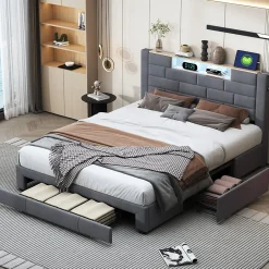 Simple Life Lit coffre 160x200 cm velours gris, vérins hydrauliques, tête de lit LED 7 couleurs, ports USB/Type-C, tiroirs de rangement.