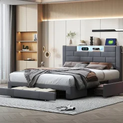Simple Life Lit coffre 160x200 cm velours gris, vérins hydrauliques, tête de lit LED 7 couleurs, ports USB/Type-C, tiroirs de rangement.