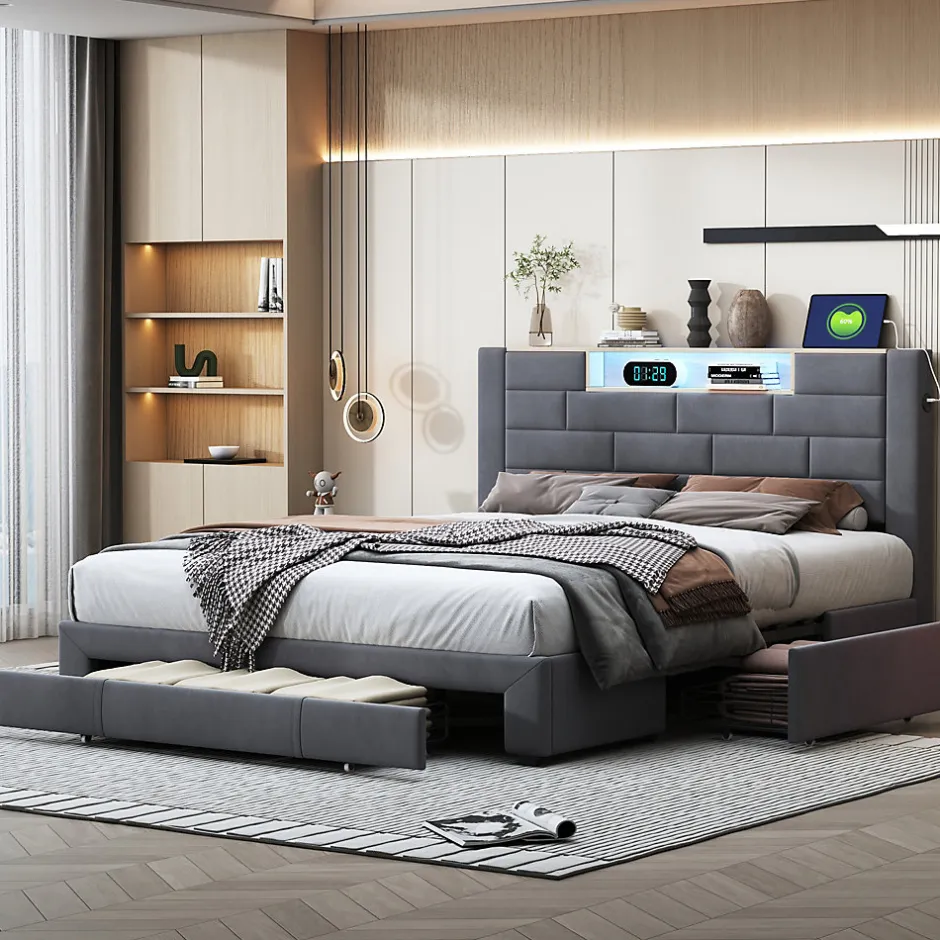 Simple Life Lit coffre 160x200 cm velours gris, vérins hydrauliques, tête de lit LED 7 couleurs, ports USB/Type-C, tiroirs de rangement.