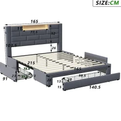 Simple Life Lit coffre 160x200 cm velours gris, vérins hydrauliques, tête de lit LED 7 couleurs, ports USB/Type-C, tiroirs de rangement.