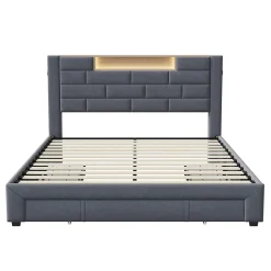 Simple Life Lit coffre 160x200 cm velours gris, vérins hydrauliques, tête de lit LED 7 couleurs, ports USB/Type-C, tiroirs de rangement.