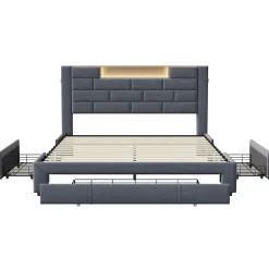 Simple Life Lit coffre 160x200 cm velours gris, vérins hydrauliques, tête de lit LED 7 couleurs, ports USB/Type-C, tiroirs de rangement.