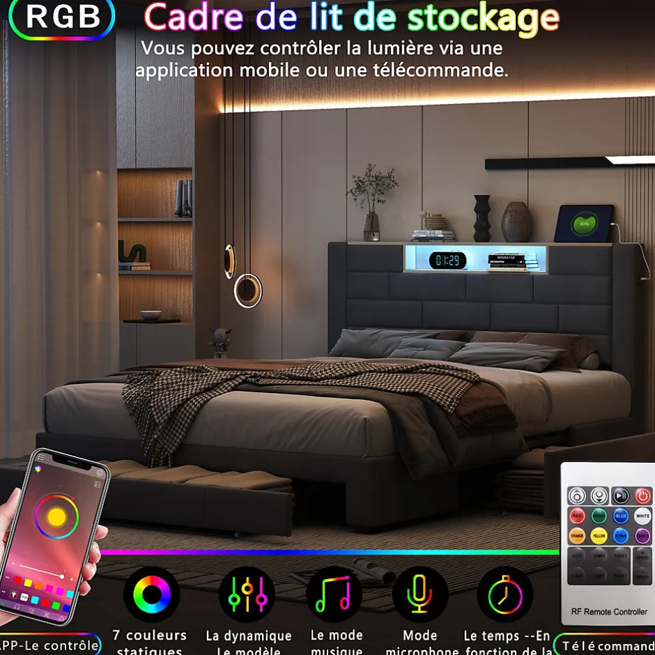 Simple Life Lit coffre 160x200 cm velours gris, vérins hydrauliques, tête de lit LED 7 couleurs, ports USB/Type-C, tiroirs de rangement.
