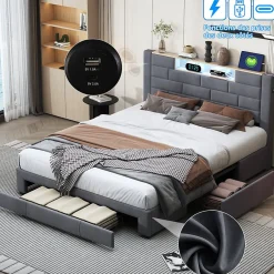 Simple Life Lit coffre 160x200 cm velours gris, vérins hydrauliques, tête de lit LED 7 couleurs, ports USB/Type-C, tiroirs de rangement.
