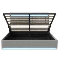 Simple Life Lit Coffre 160x200 cm Velours Gris, LED, Charge USB, Rembourré, Rangement, Tête de lit, Sommier à Lattes, 2 Personnes Best