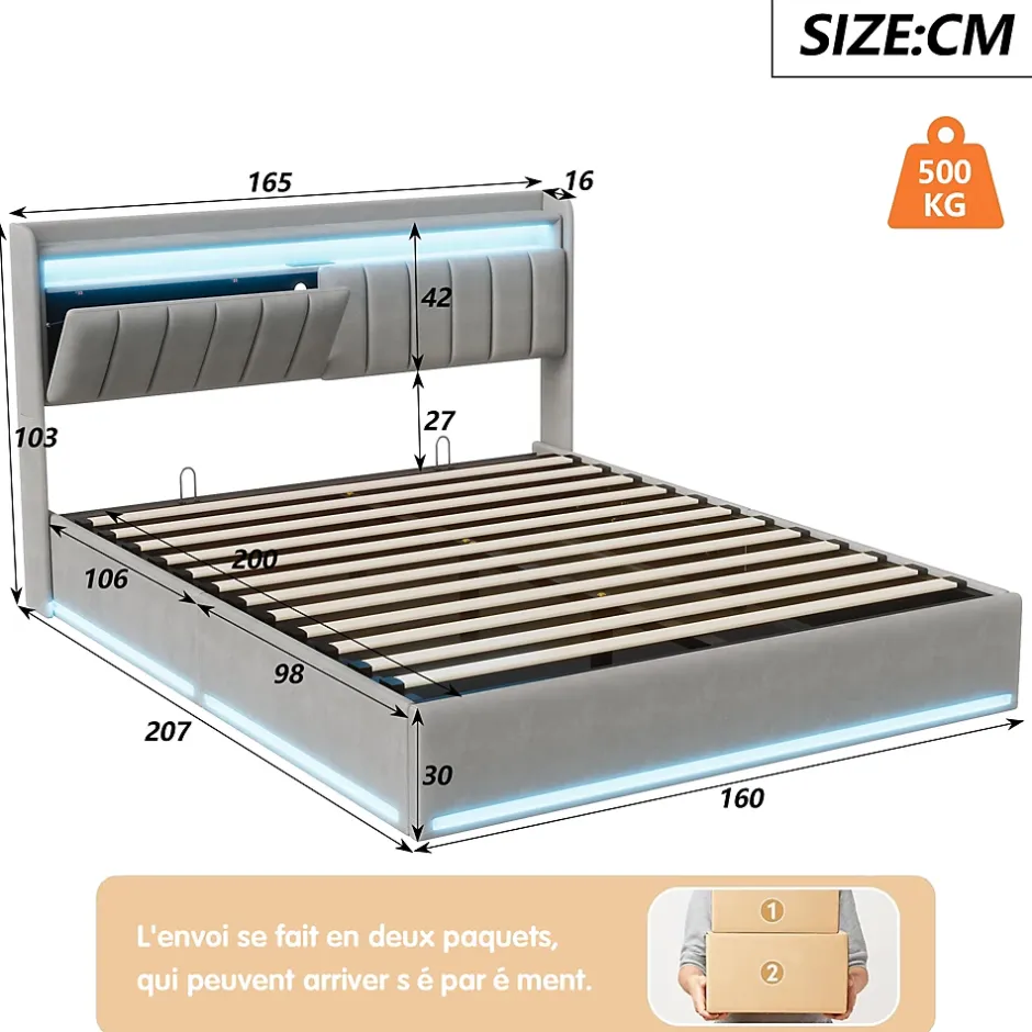 Simple Life Lit Coffre 160x200 cm Velours Gris, LED, Charge USB, Rembourré, Rangement, Tête de lit, Sommier à Lattes, 2 Personnes Best