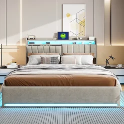 Simple Life Lit Coffre 160x200 cm Velours Gris, LED, Charge USB, Rembourré, Rangement, Tête de lit, Sommier à Lattes, 2 Personnes Best