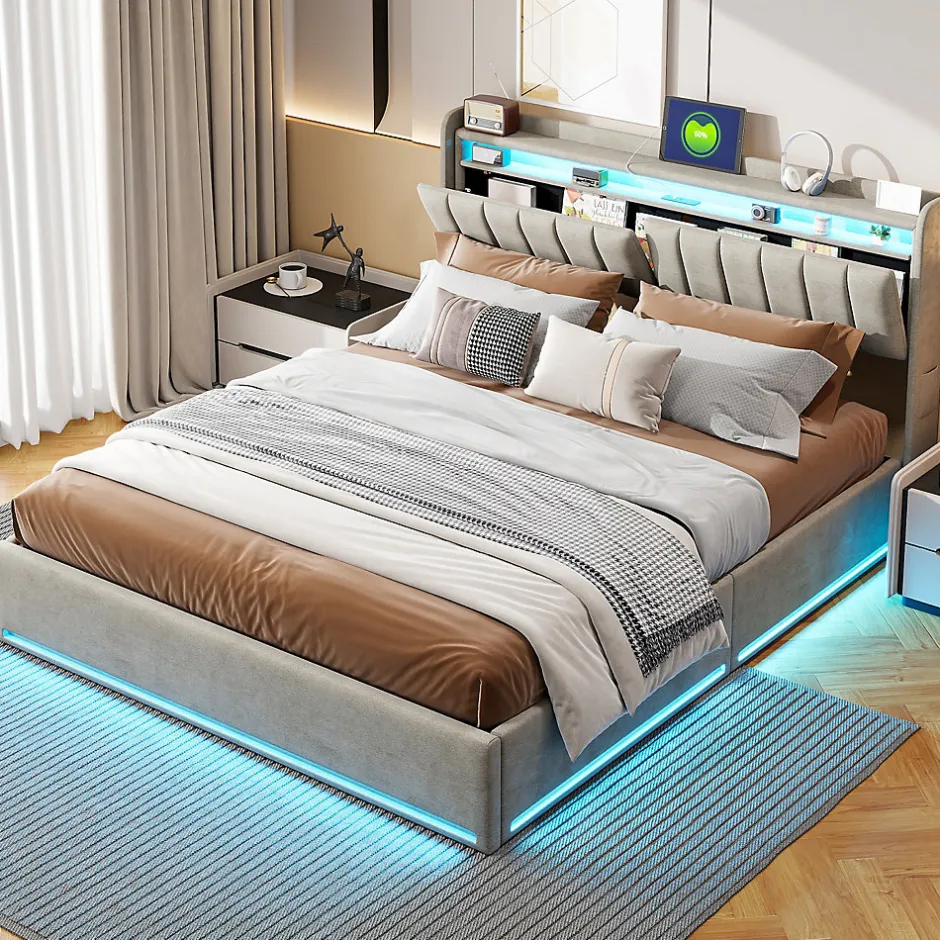 Simple Life Lit Coffre 160x200 cm Velours Gris, LED, Charge USB, Rembourré, Rangement, Tête de lit, Sommier à Lattes, 2 Personnes Best