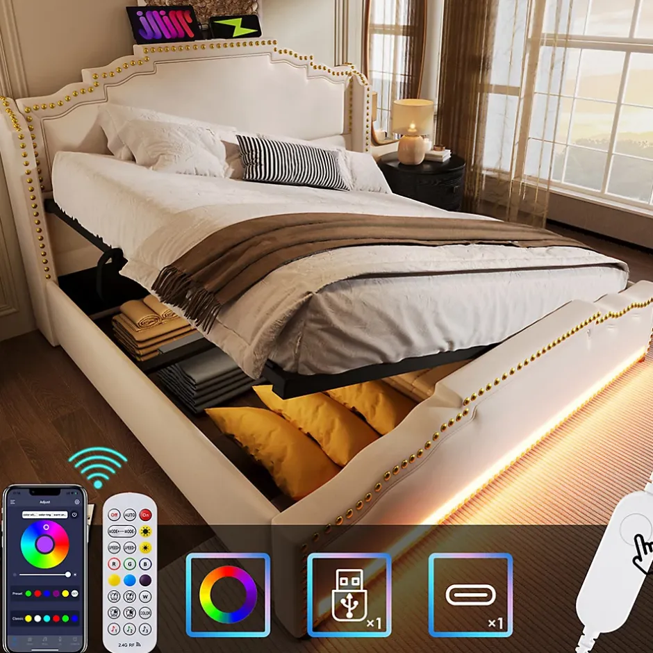 Gutent Lit coffre 140x200, Lit double avec espace de rangement hydraulique, lit de rangement et lit pour adolescent, Beige, sans matelas New