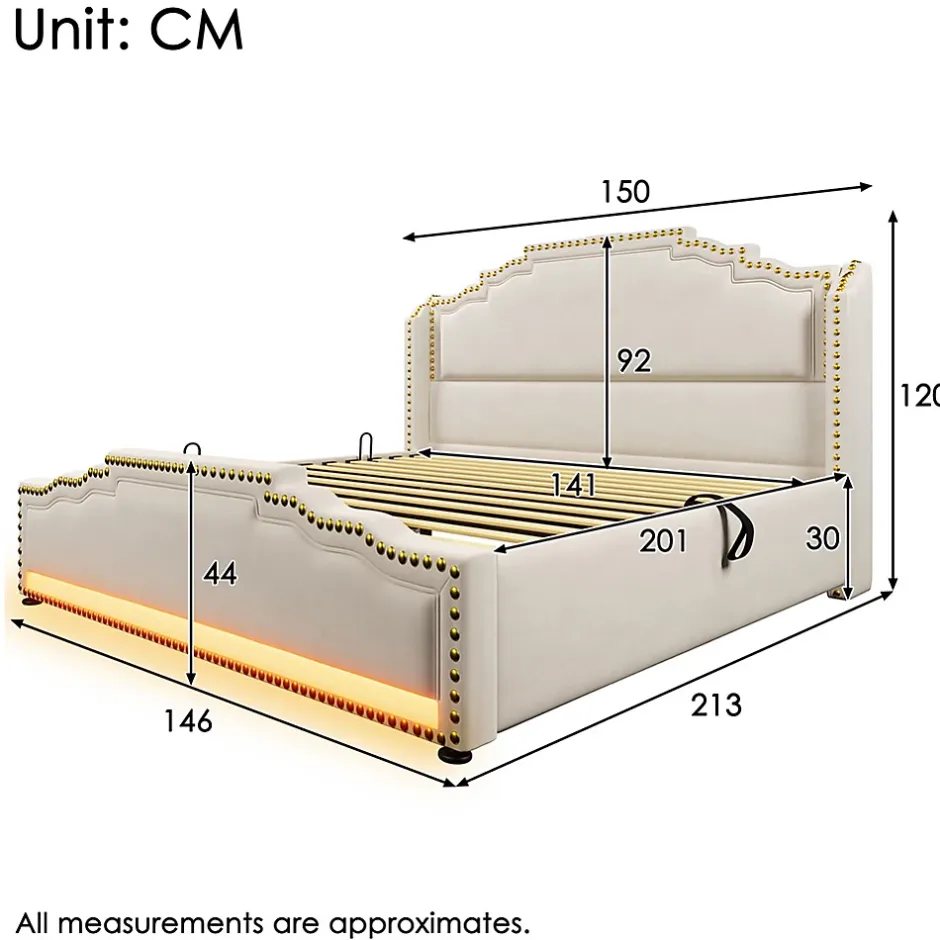 Gutent Lit coffre 140x200, Lit double avec espace de rangement hydraulique, lit de rangement et lit pour adolescent, Beige, sans matelas New