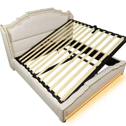 Gutent Lit coffre 140x200, Lit double avec espace de rangement hydraulique, lit de rangement et lit pour adolescent, Beige, sans matelas New