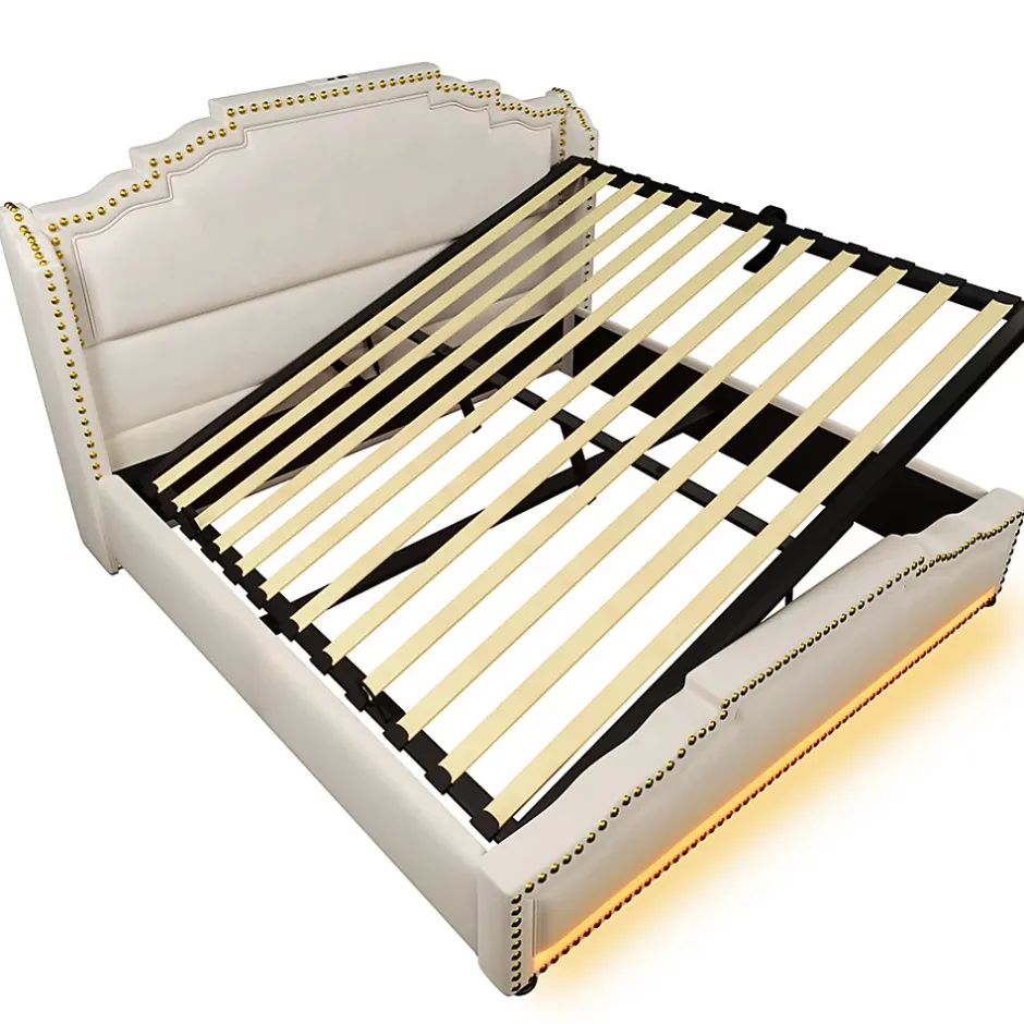 Gutent Lit coffre 140x200, Lit double avec espace de rangement hydraulique, lit de rangement et lit pour adolescent, Beige, sans matelas New