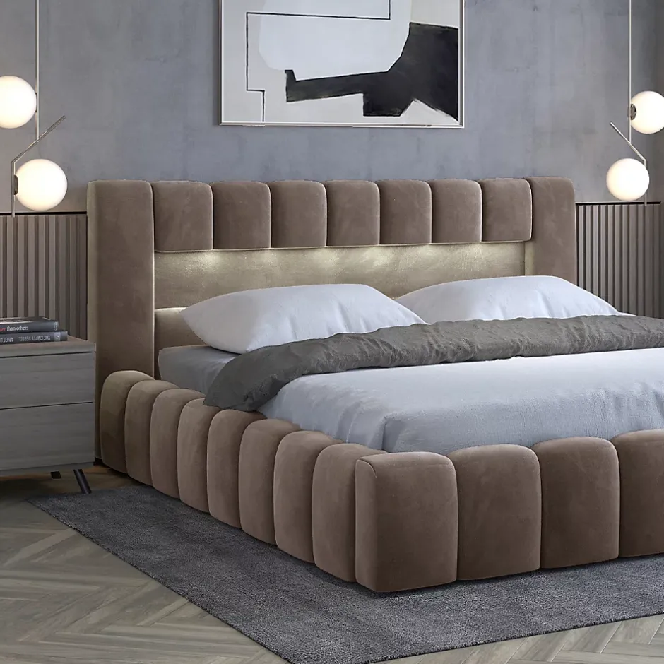 Petits-Meubles Lit coffre 160x200 sommier inclus Auria Velours Marron New
