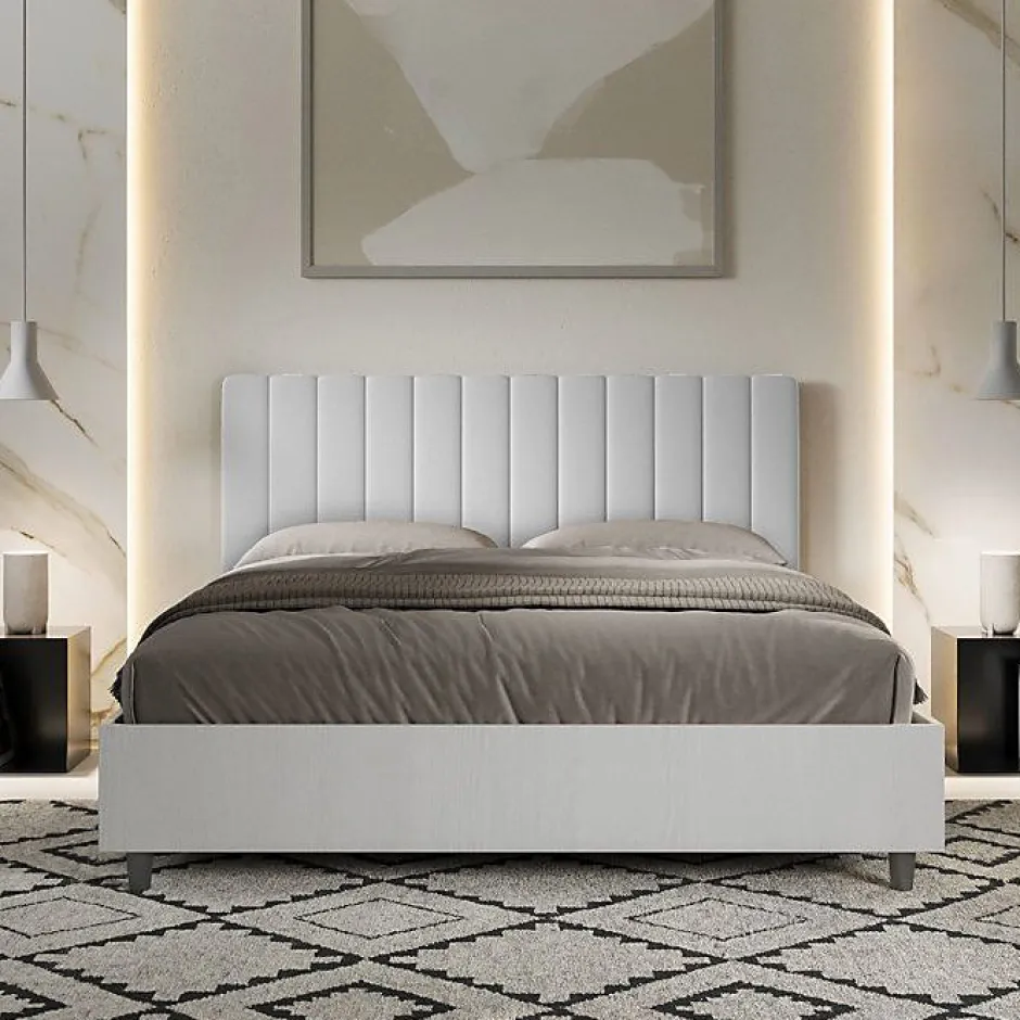 Ityhome Lit coffre 160x200 structure frêne blanc tête de lit mélamine blanc/simili cuir Kaia