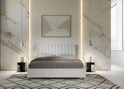 Ityhome Lit coffre 160x200 structure frêne blanc tête de lit mélamine blanc/simili cuir Kaia