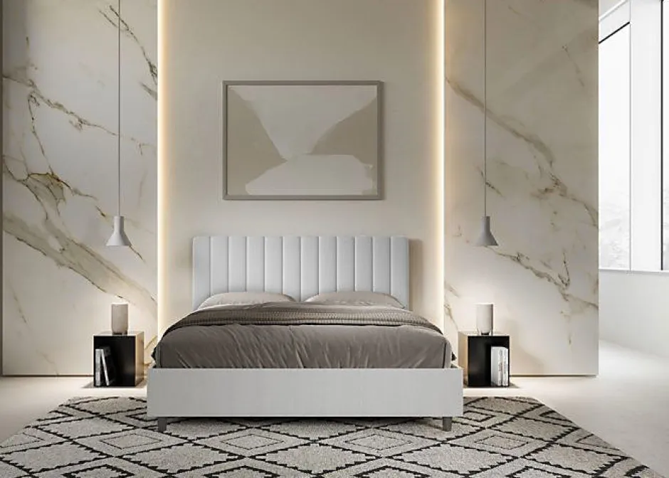 Ityhome Lit coffre 160x200 structure frêne blanc tête de lit mélamine blanc/simili cuir Kaia