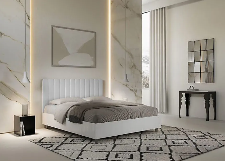 Ityhome Lit coffre 160x200 structure frêne blanc tête de lit mélamine blanc/simili cuir Kaia