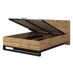 Meublorama Lit coffre 160x200 style industriel - Collection MILOS. Coloris chene brut et noir.