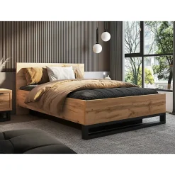 Meublorama Lit coffre 160x200 style industriel - Collection MILOS. Coloris chene brut et noir.