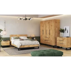 Meublorama Lit coffre 160x200 style industriel - Collection MILOS. Coloris chene brut et noir.