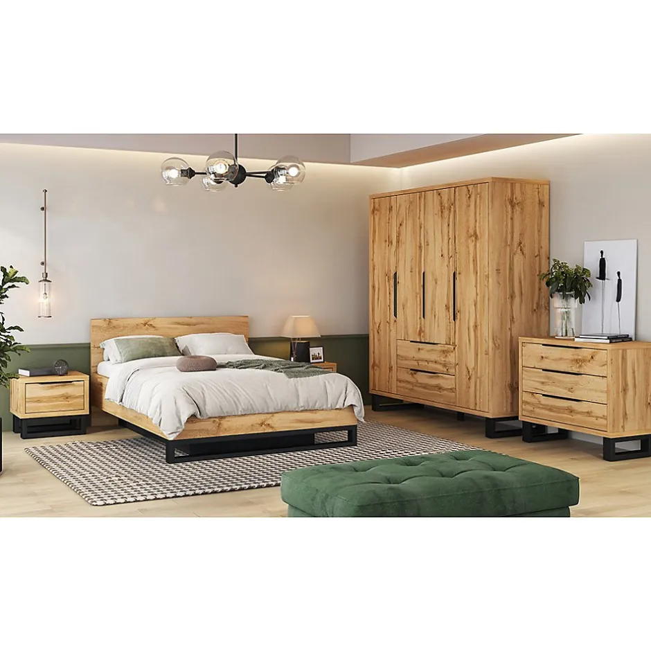 Meublorama Lit coffre 160x200 style industriel - Collection MILOS. Coloris chene brut et noir.