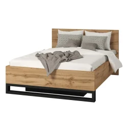 Meublorama Lit coffre 160x200 style industriel - Collection MILOS. Coloris chene brut et noir.