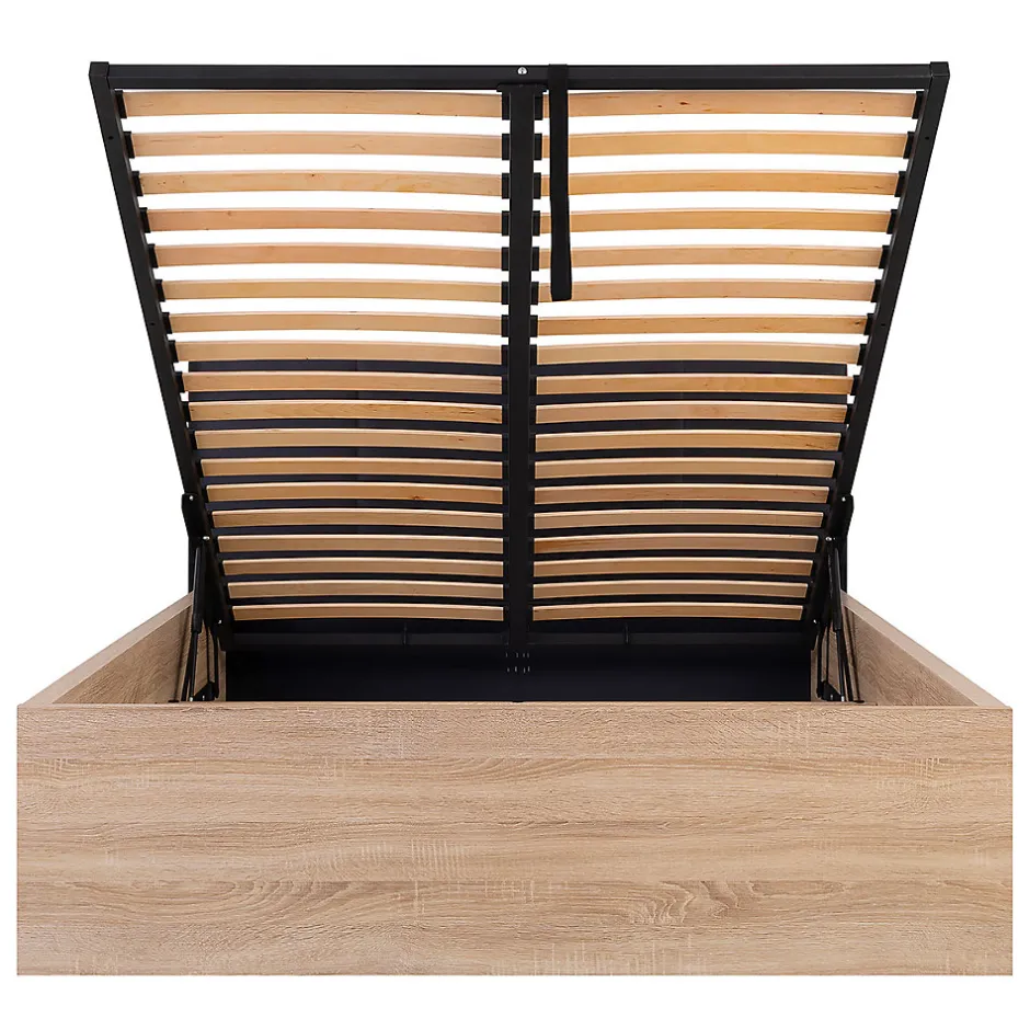 Petits-Meubles Lit coffre 140x200 tête de lit rembourree sommier inclus Edwin Bois Clair et Noir