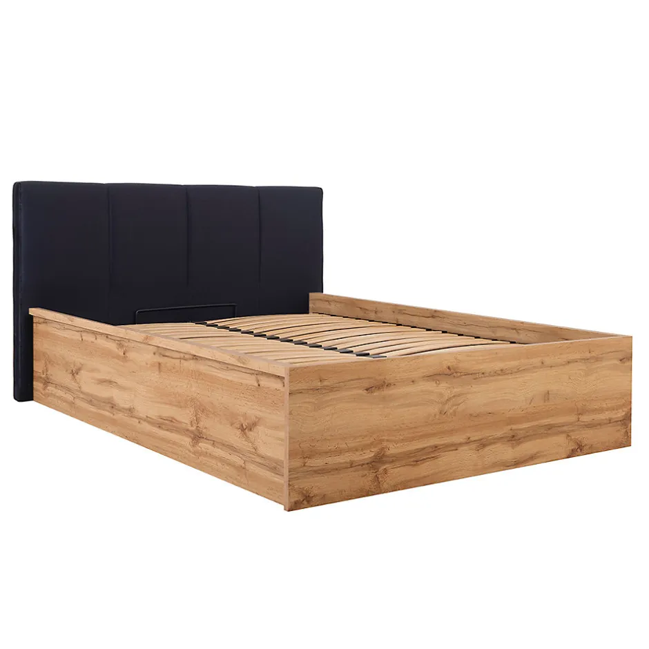 Petits-Meubles Lit coffre 140x200 tête de lit rembourree sommier inclus Edwin Bois et Noir
