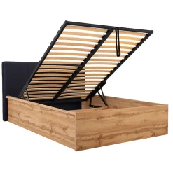 Petits-Meubles Lit coffre 140x200 tête de lit rembourree sommier inclus Edwin Bois et Noir
