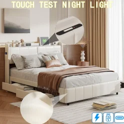Simple Life Lit Coffre 160x200cm avec 4 tiroirs et USB et Type-C, Lit Double avec Sommier à Lattes, PU