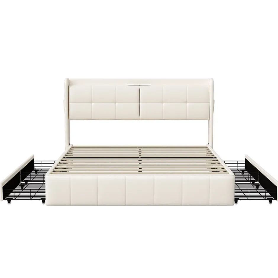 Simple Life Lit Coffre 160x200cm avec 4 tiroirs et USB et Type-C, Lit Double avec Sommier à Lattes, PU