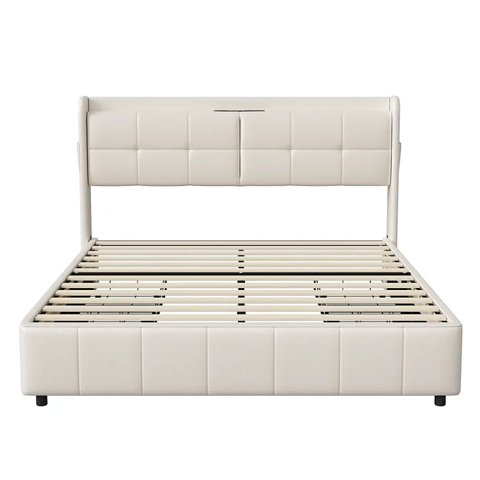 Simple Life Lit Coffre 160x200cm avec 4 tiroirs et USB et Type-C, Lit Double avec Sommier à Lattes, PU