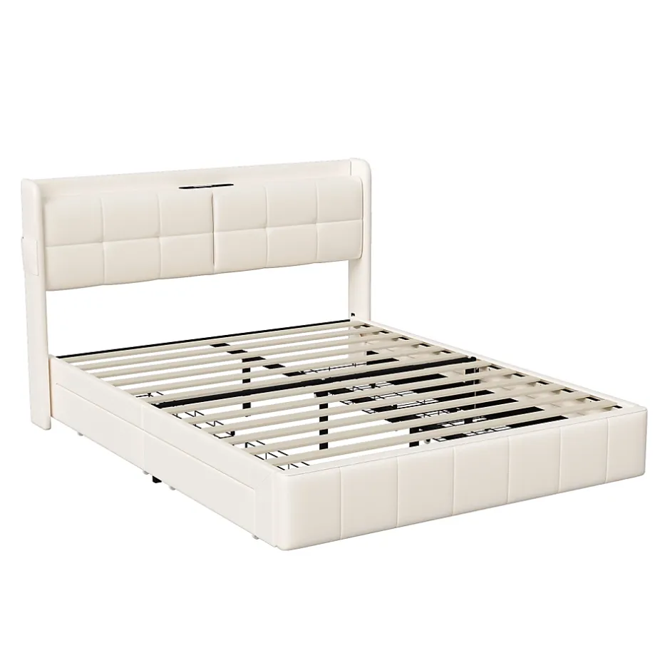 Simple Life Lit Coffre 160x200cm avec 4 tiroirs et USB et Type-C, Lit Double avec Sommier à Lattes, PU