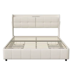 Simple Life Lit Coffre 160x200cm avec 4 tiroirs et USB et Type-C, Lit Double avec Sommier à Lattes, PU Sale