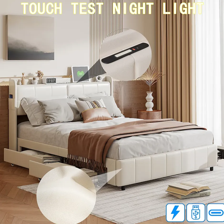 Simple Life Lit Coffre 160x200cm avec 4 tiroirs et USB et Type-C, Lit Double avec Sommier à Lattes, PU Sale