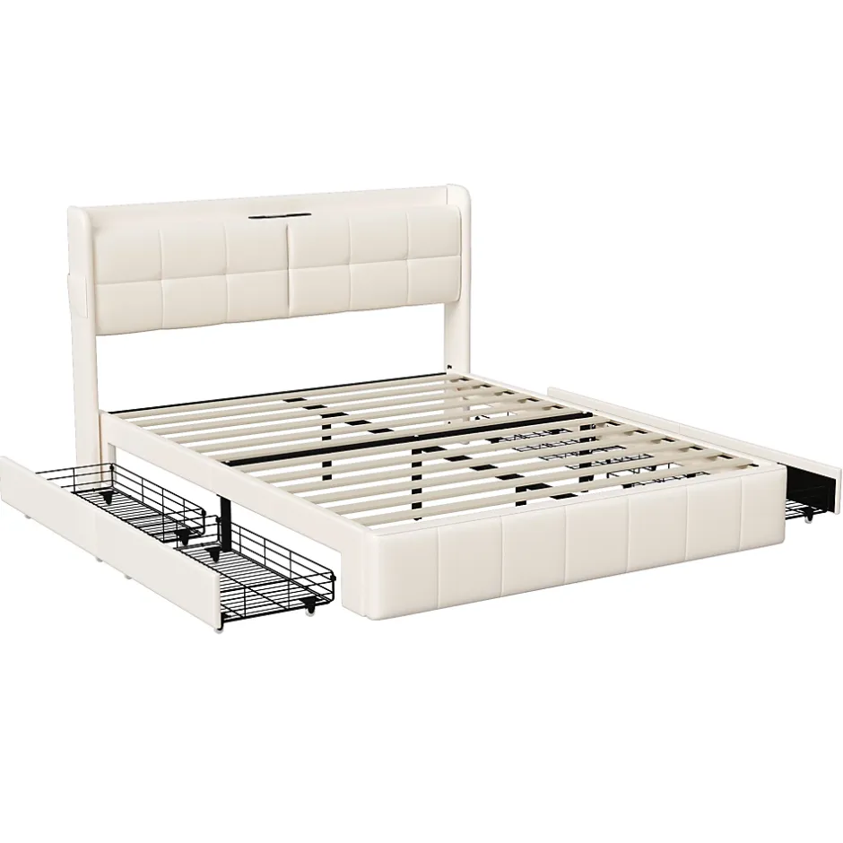 Simple Life Lit Coffre 160x200cm avec 4 tiroirs et USB et Type-C, Lit Double avec Sommier à Lattes, PU Sale