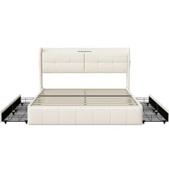 Simple Life Lit Coffre 160x200cm avec 4 tiroirs et USB et Type-C, Lit Double avec Sommier à Lattes, PU Sale