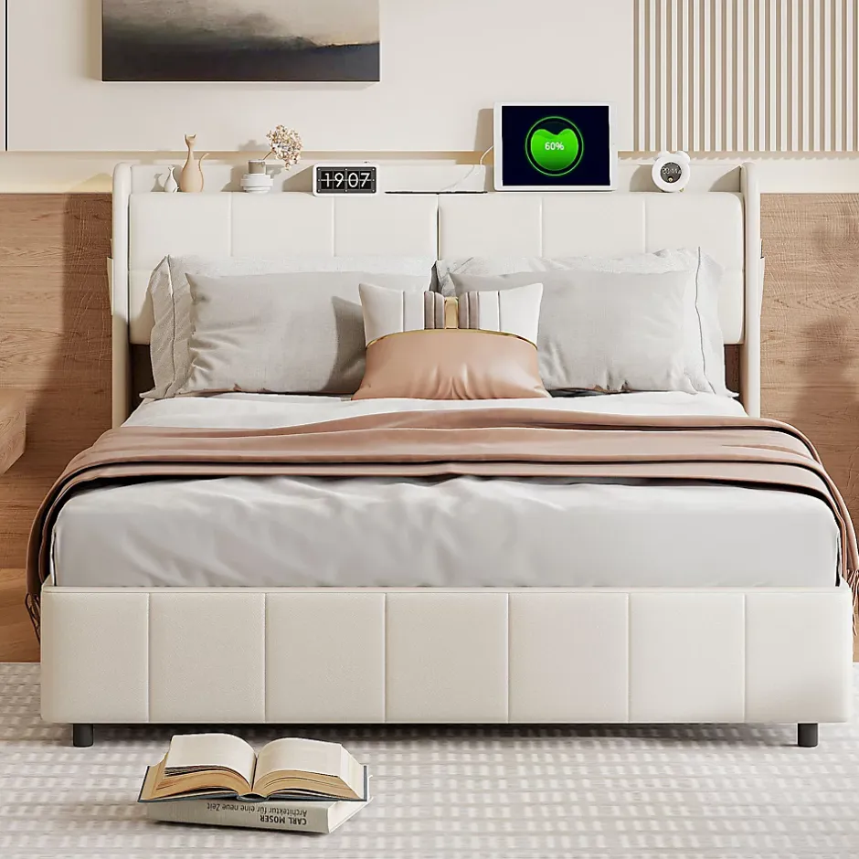 Simple Life Lit Coffre 160x200cm avec 4 tiroirs et USB et Type-C, Lit Double avec Sommier à Lattes, PU Sale